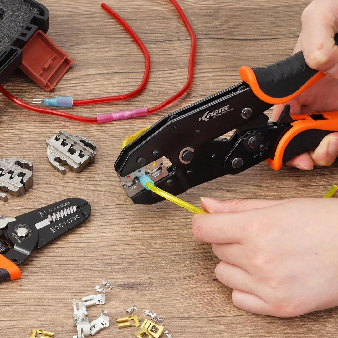 KF CPTEC Crimpzangen Set 9-teilig, Ratschen Crimpzange mit 7 Wechselbacken, AWG 22-2 (0,5–35 mm²) fü