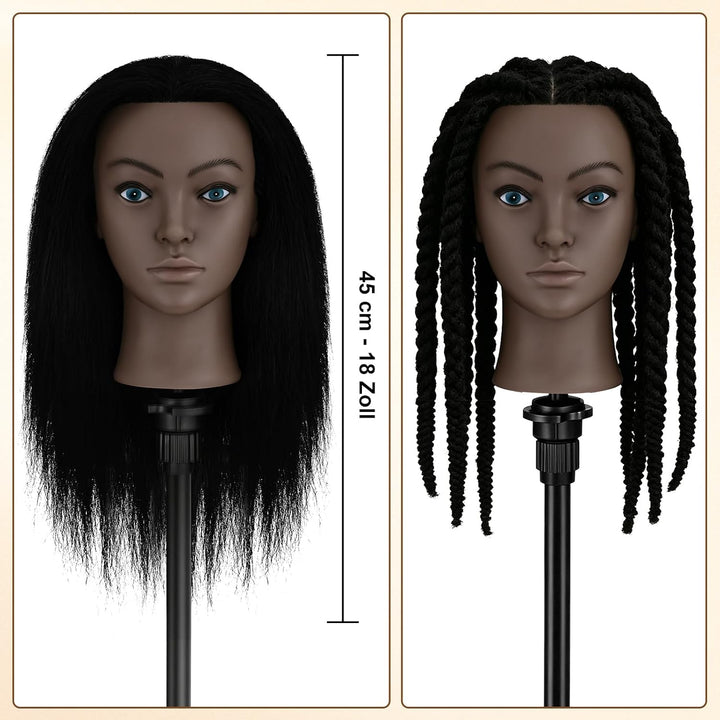 TwoWin 18 Zoll /45 cm Afro Trainingsköpfe für Friseure, Frisierkopf mit 100% Echthaar, Übungskopf Af