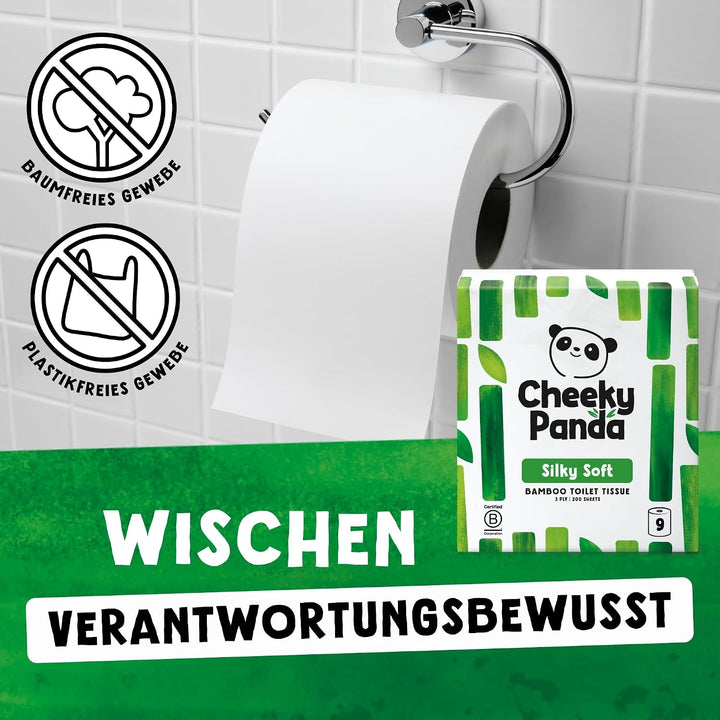 The Cheeky Panda Bambus Toilettenpapier 3-Lagig Grosspackung | 48 Rollen x 200 Blatt (9 Rollen x 5)