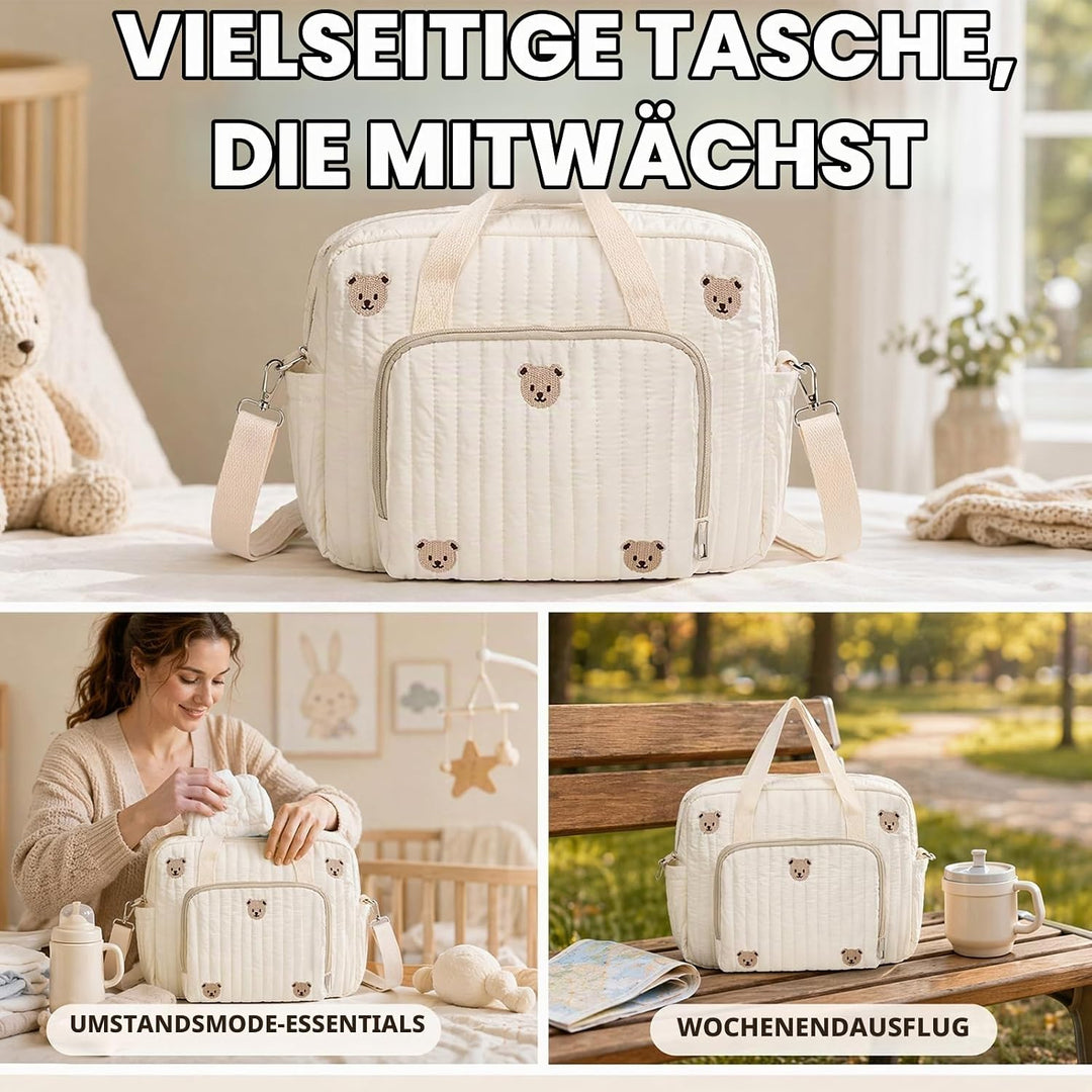 Wickeltasche Baby Grosse Muttertasche aus Baumwolle mit Stickerei, Gesteppte Wickeltasche Damen mit