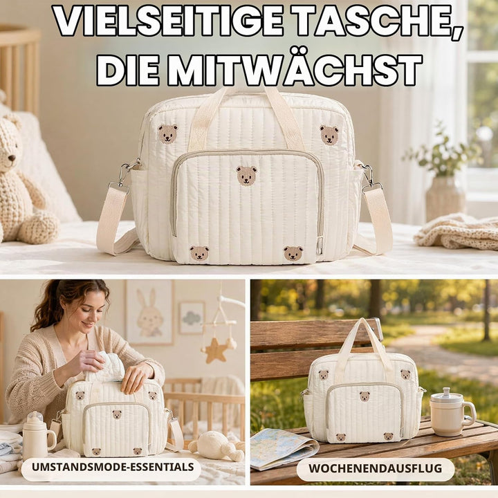 Wickeltasche Baby Grosse Muttertasche aus Baumwolle mit Stickerei, Gesteppte Wickeltasche Damen mit