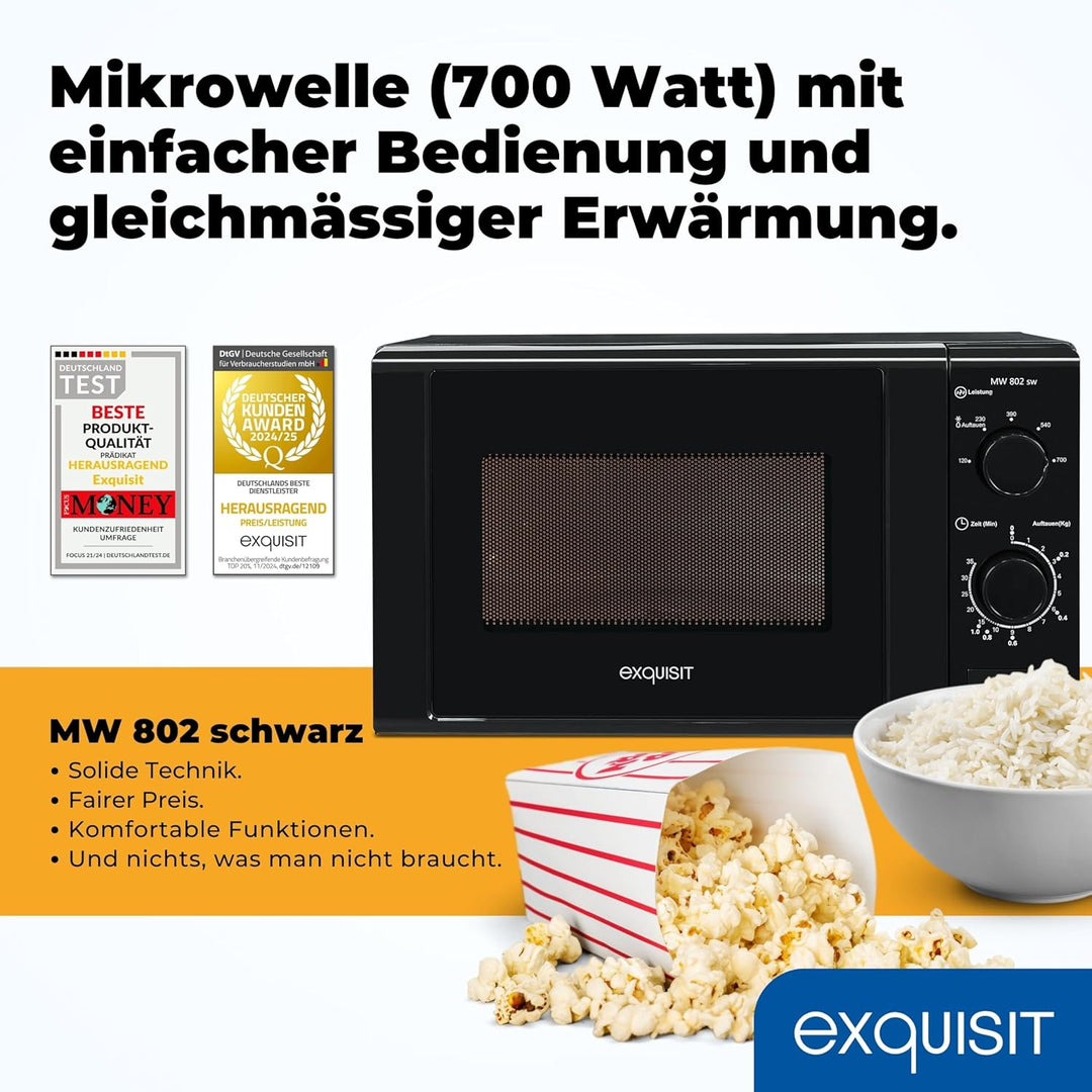 Exquisit Mikrowelle MW 802 sw | 700 W Leistung | 20 L Garrraum | kompakte Mikrowelle | platzsparend
