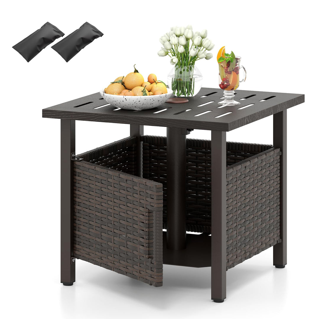 COSTWAY Beistelltisch Outdoor wetterfest, Rattan Gartentisch mit Schirmloch und 2 Sandsäcken, Kleine