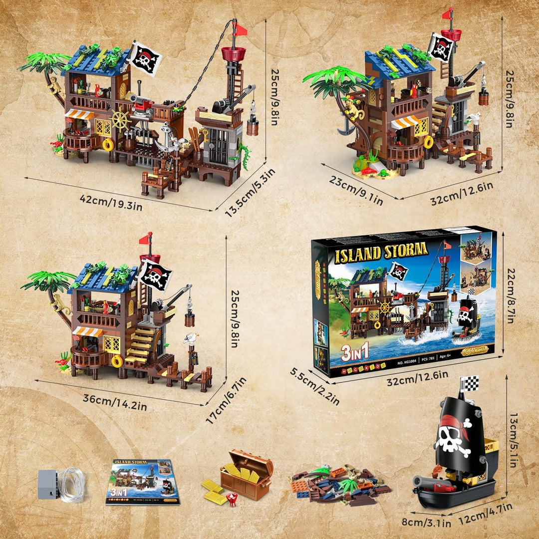 HOGOKIDS Piratenhafen Bauset mit LED, 3 Darstellungsmodi Piratenschiff-Haus-Bauspielzeug, kreatives
