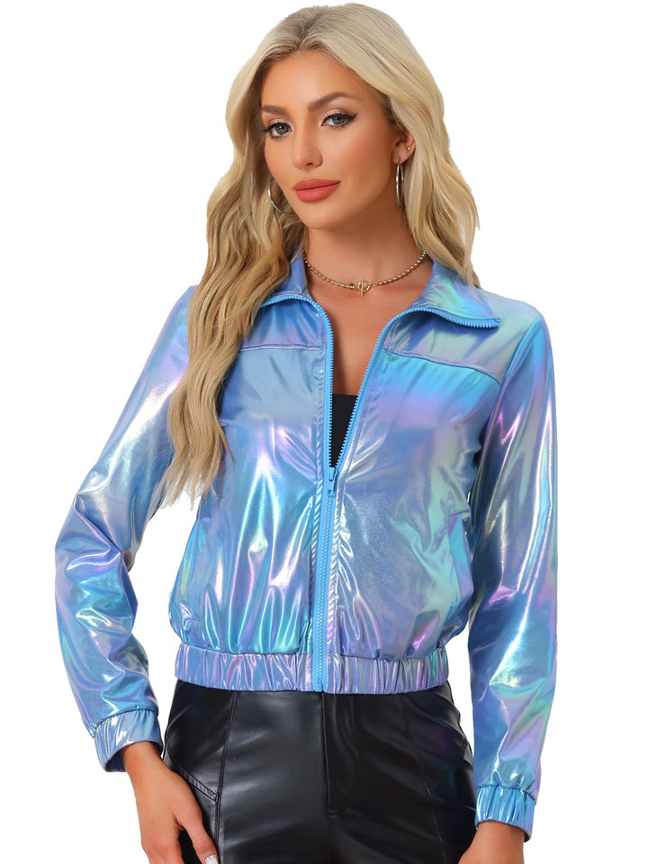 Allegra K Damen Metallic Jacke Party Langarm Reissverschluss Club Holographic Jacken L Blaues Hologr
