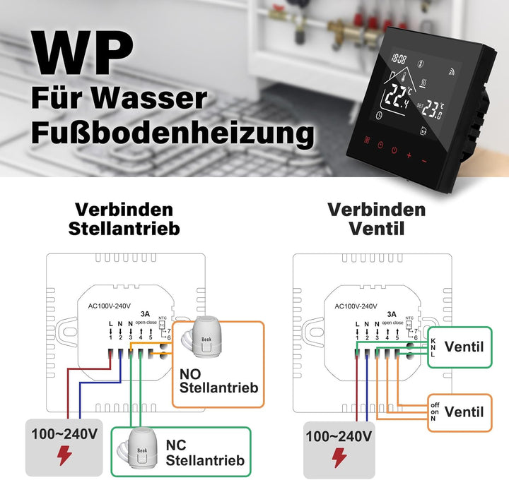 Thermostat Fussbodenheizung Smart für Wasser Fussbodenheizung, Beok WiFi Raumthermostat Digital Heiz