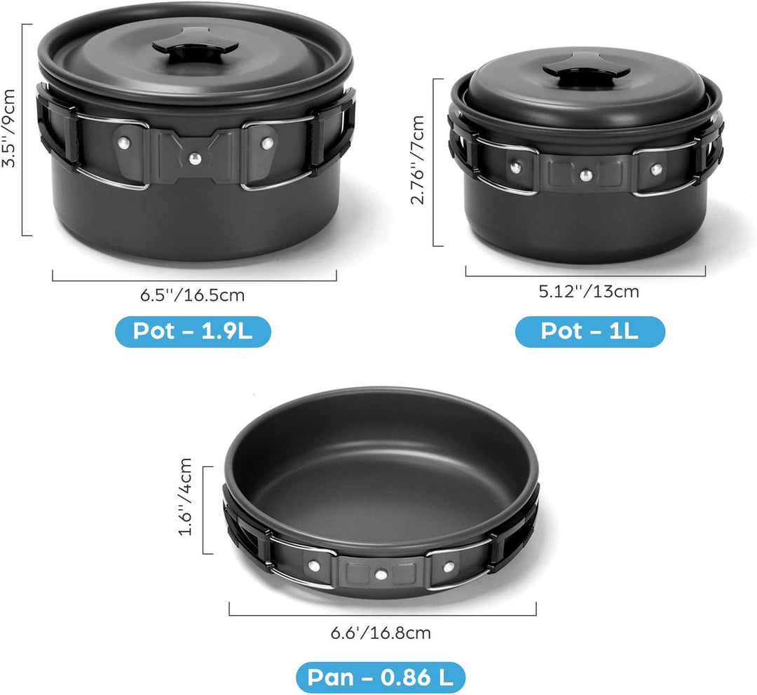 Odoland Kochgeschirr Camping-Set mit Töpfen und Pfanne Tasse Teller Besteck faltbar Geschirr für 1-2