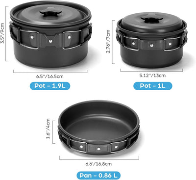 Odoland Kochgeschirr-Set mit Töpfen und Bratpfanne, zusammenklappbarer Besteckbecher, für 1-2 Person