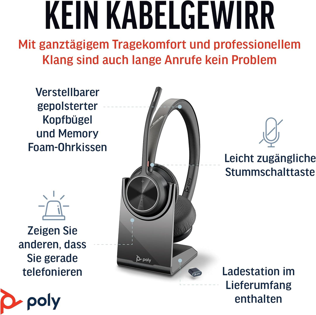 Schnurloses Poly Voyager 4320 UC-Headset und Ladestation – Stereo-Kopfhörer mit Noise Cancelling-Mik