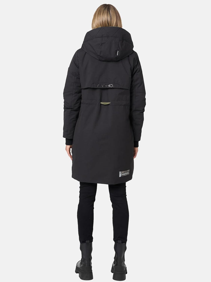 Navahoo Damen Mantel Lange warme Winter Steppjacke mit Kapuze und magnetischen Elementen Snowelf XS-