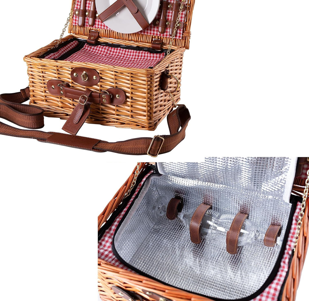 eGenuss Handgefertigtes Picknickkorb für 2 Personen mit abnehmbarem Schultergurt, Kühlfach, Kellnerm