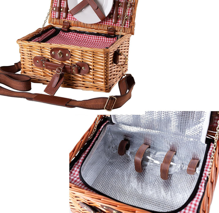 eGenuss Handgefertigtes Picknickkorb für 2 Personen mit abnehmbarem Schultergurt, Kühlfach, Kellnerm