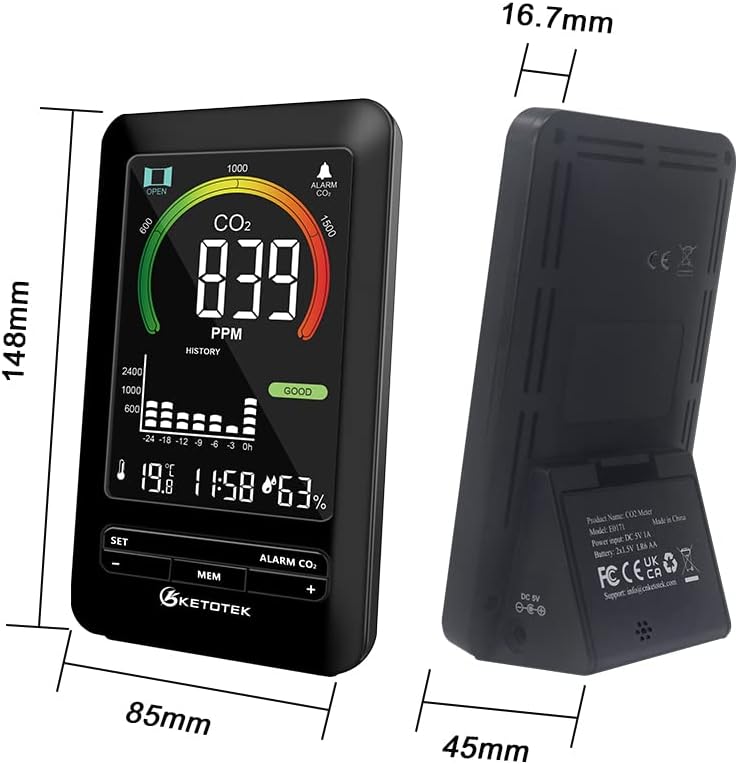 KETOTEK CO2 Messgerät, CO2 Melder Raumluft, Luftqualität Messgerät mit Alarm und Lüftungsempfehlunge