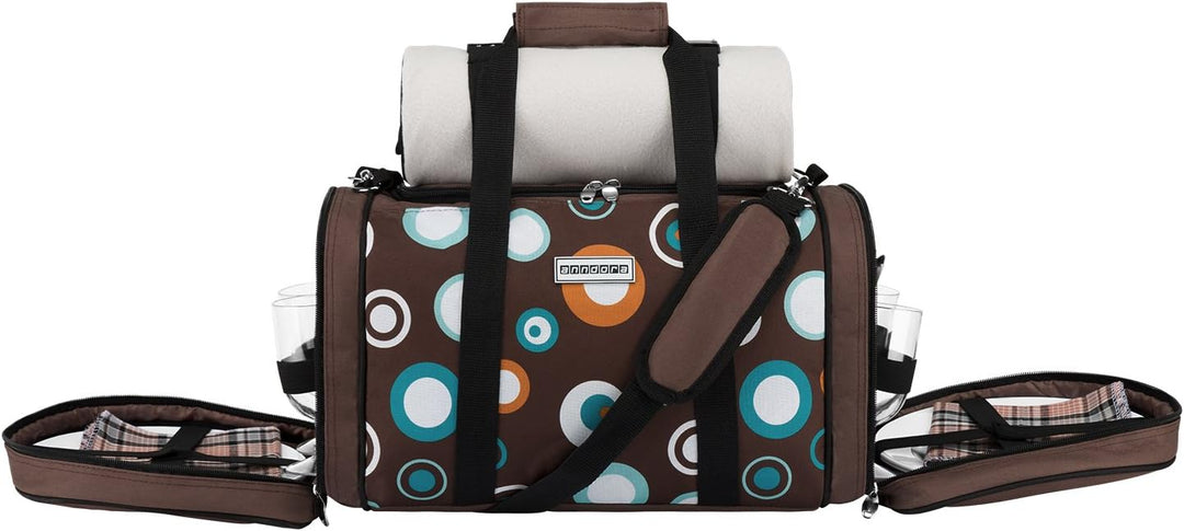 anndora Picknick Kühltasche inkl. Picknick Decke Geschirr Besteck für 4 Personen braun hellblau 3337