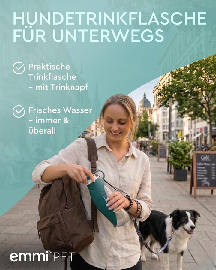 emmi-PET Hundetrinkflasche in Dunkelgrün I 580 ml I Auslaufsichere Trinkflasche mit integriertem Nap