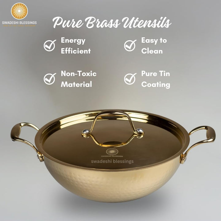 SWADESHI BLESSINGS Exklusive Range Messing Kadai zum Kochen mit Deckel/Teflonfrei/Natürlich antihaft