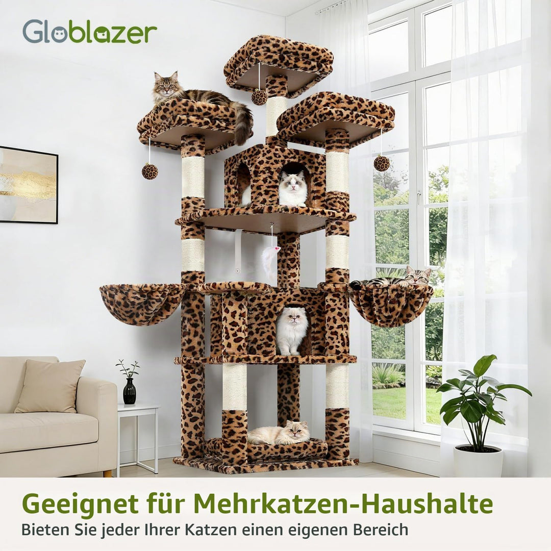 Globlazer Kratzbaum Leoparden Stabil 174 cm mit 3 Gepolsterte Sitzstangen, 2 Katzenhaus, 2 Korb, Abn