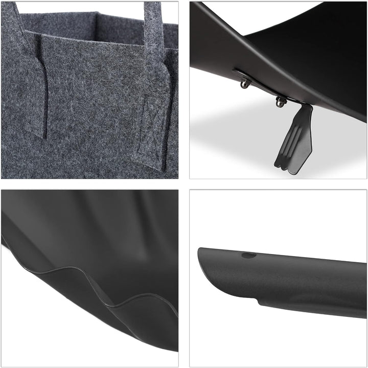 3 tlg Kamin-Set, Kaminholztasche, Kaminholzkorb, Kohlenschaufel, Filz, Stahl, Henkel, faltbar, robus