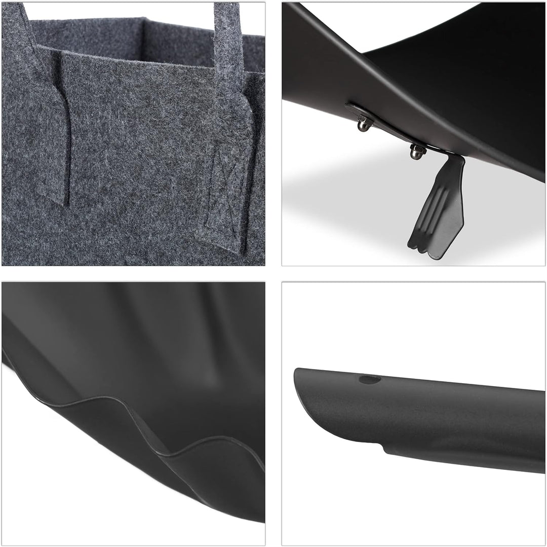 3 tlg Kamin-Set, Kaminholztasche, Kaminholzkorb, Kohlenschaufel, Filz, Stahl, Henkel, faltbar, robus