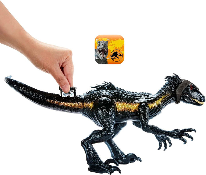 Jurassic World Dinosaurierfigur Indoraptor Track N Attack mit Ausrüstung für die Verfolgung und 3 An