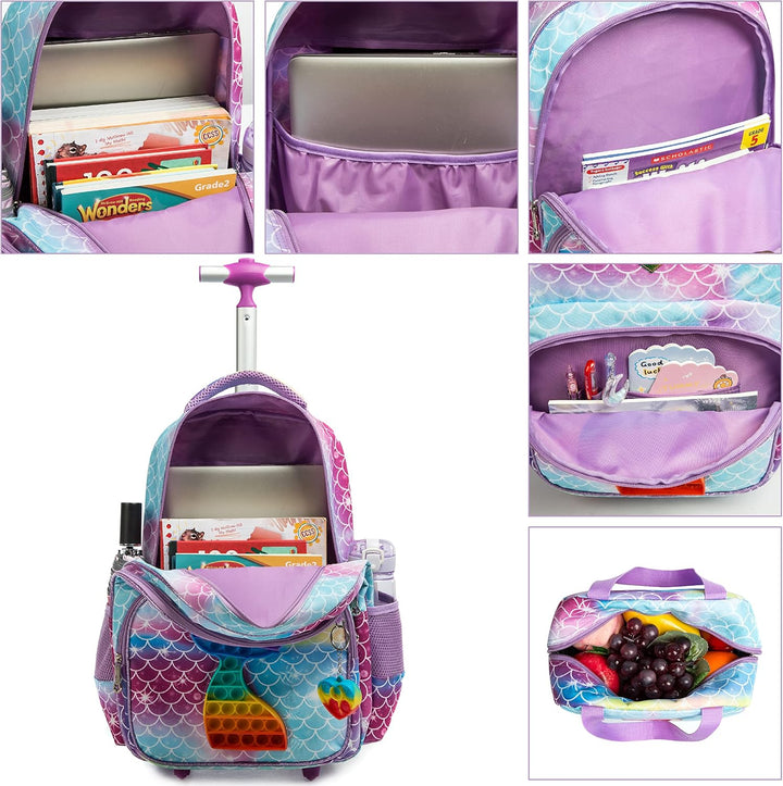 HTgroce Rollrucksack Schulranzen mit Rollen für Mädchen Pop it Rucksack 16 Zoll Set 3 in 1 mit Lunch