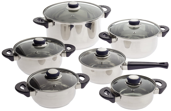 axentia Edelstahl-Topfset Karin 6-teilig, 5 Kochtöpfe & 1 Stiel-Kasserolle mit Glasdeckel, mit Schüt