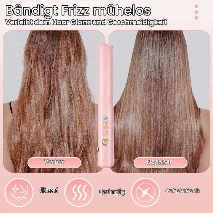 2 In 1 Mini Glätteisen Kabellos und Lockenstab, Hair Straightener, 4 Temperaturen, Wiederaufladbare