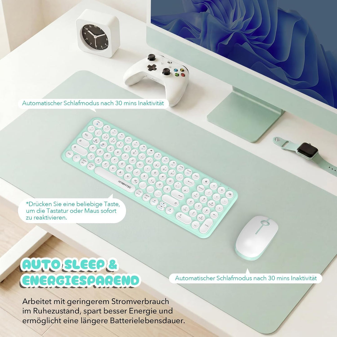 XTREMTEC kabellose Tastatur und Maus,Retro runde Schreibmaschine Tastatur,Slim Funktastatur leise Se