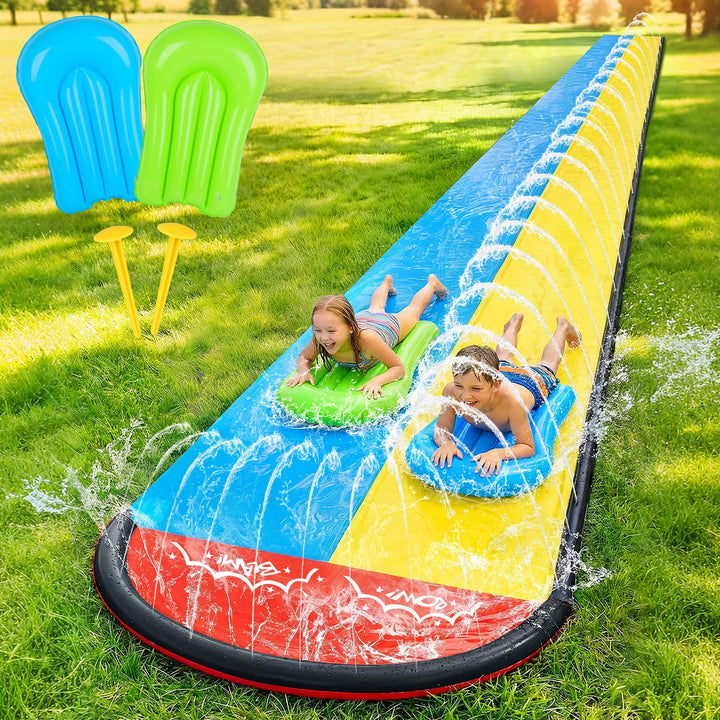 Mineup Wasserrutsche Garten, 480 x 140cm Wasserrutschmatte mit 2 Bodyboards, Doppelrutsche mit Einge