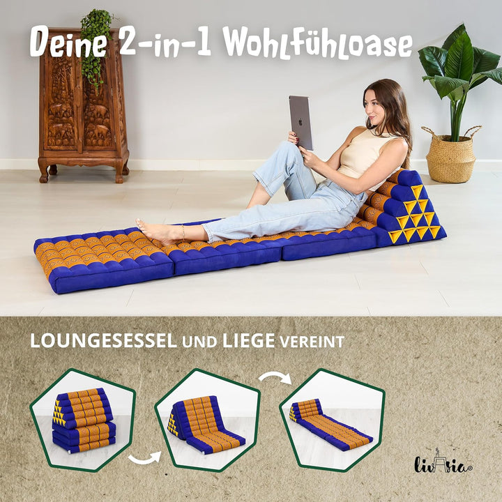 livasia Thaikissen 3 Auflagen extrahoch - 185x55x8cm - Dreieckskissen mit Klappmatratze, Kapok, Jumb