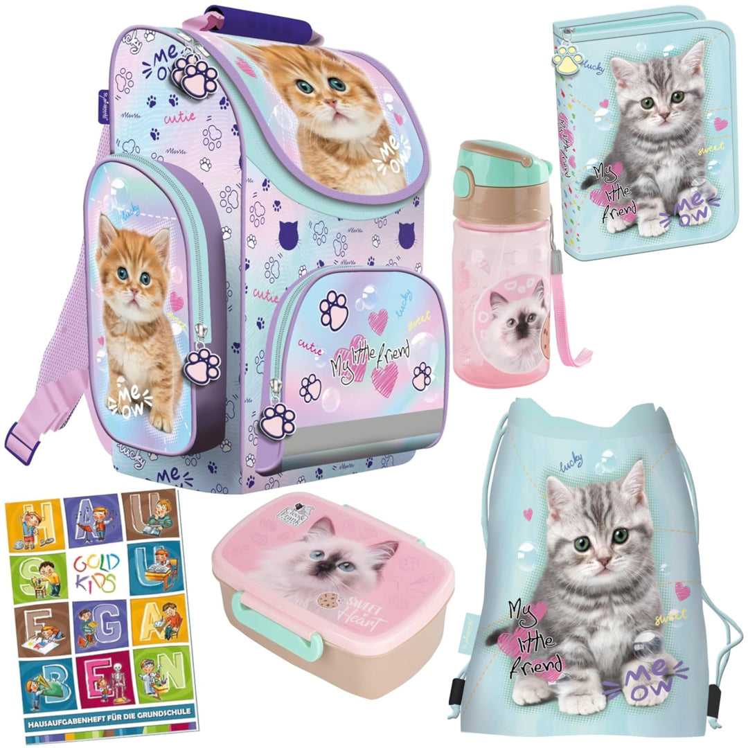Goldkids - Schulranzen für Jungen und Mädchen - Schul-Rucksack für Kinder mit Federmäppchen - Schuhb