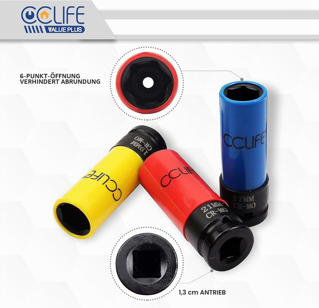CCLIFE 3tlg 1/2" Schlagschrauber Nüsse 85mm Schoneinsätze 17 19 21mm Cr-Mo Schonnüsse für Alufelgen