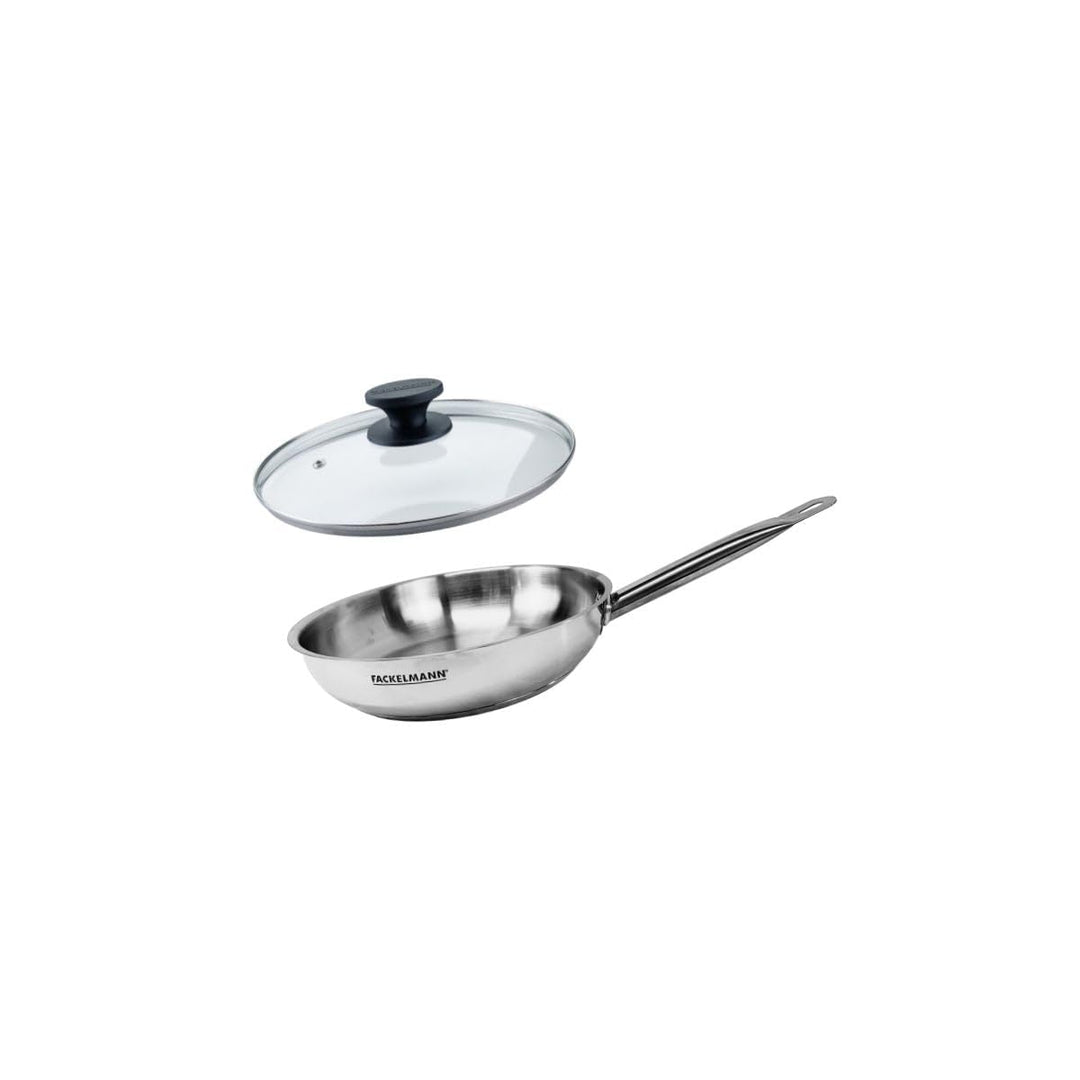 Fackelmann 9437750 Pfannenset mit 1 Bratpfanne, 20 cm aus Edelstahl 18/8 und Glasdeckel Eterna, Pfan