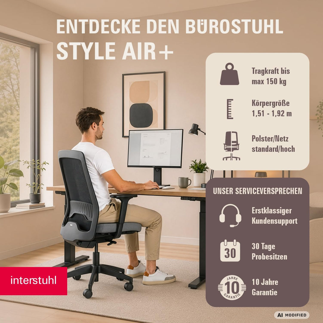 Interstuhl Style AIR + Ergonomischer Bürostuhl mit hoher Rückenlehne für grosse Menschen, Synchronme