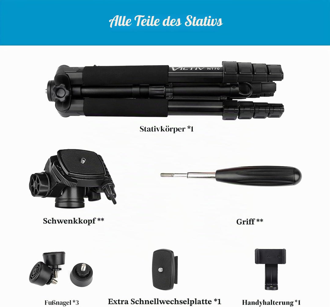 Victiv Kamera Stativ mit 52–160-185cm Höhe, leichtes Camera Tripod mit Abnehmbar 3-Wege-Kopf, Alumin