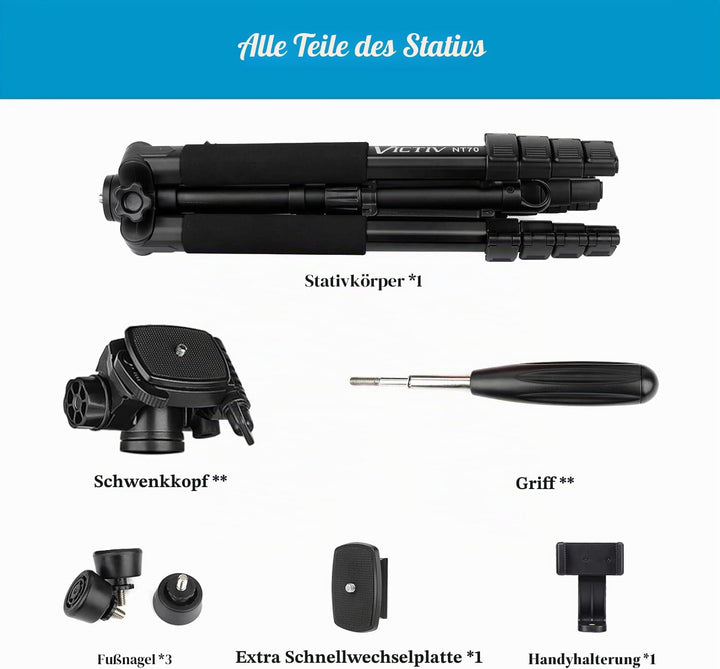 Victiv Kamera Stativ mit 52–160-185cm Höhe, leichtes Camera Tripod mit Abnehmbar 3-Wege-Kopf, Alumin