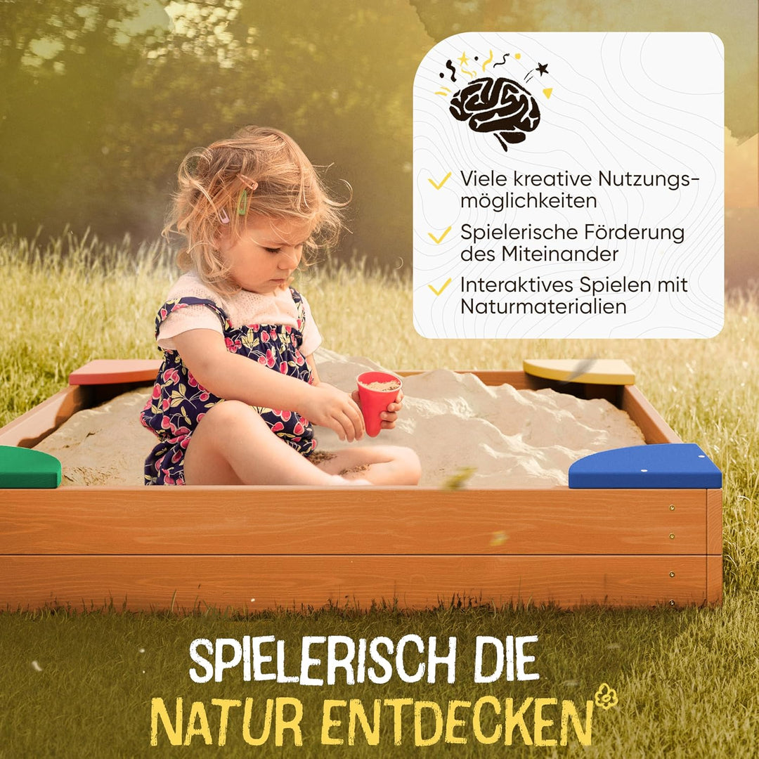 FRIEDO – Sandkasten mit Abdeckung 120x120 cm - Sandbox inkl. Bodenvlies zum Schutz vor Unkraut und U