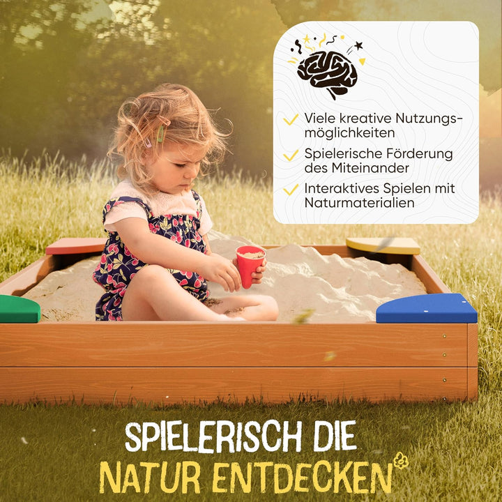 FRIEDO – Sandkasten mit Abdeckung 120x120 cm - Sandbox inkl. Bodenvlies zum Schutz vor Unkraut und U