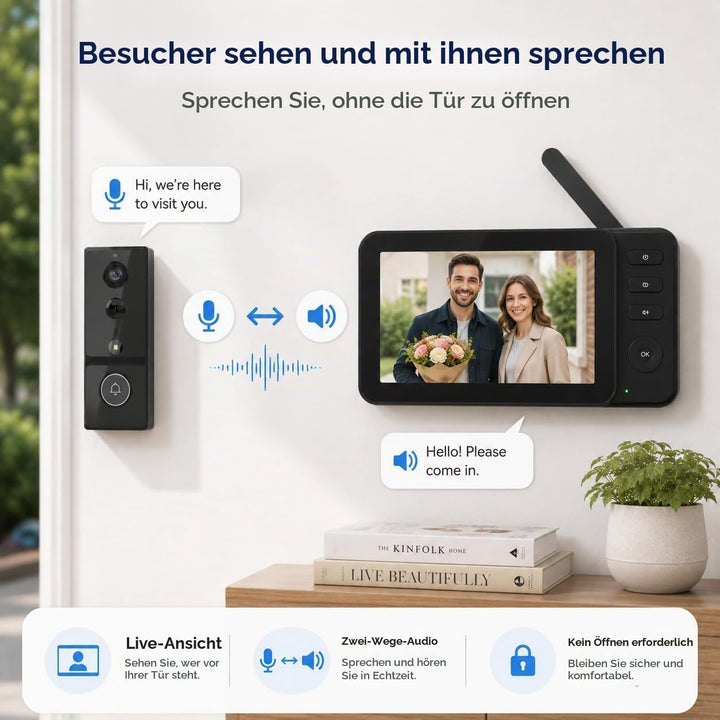 Video Türklingel mit Monitor 4,3 Zoll, Kabellose Türklingel mit Kamera, Ohne WLAN &amp; ABO, PIR Bewegun