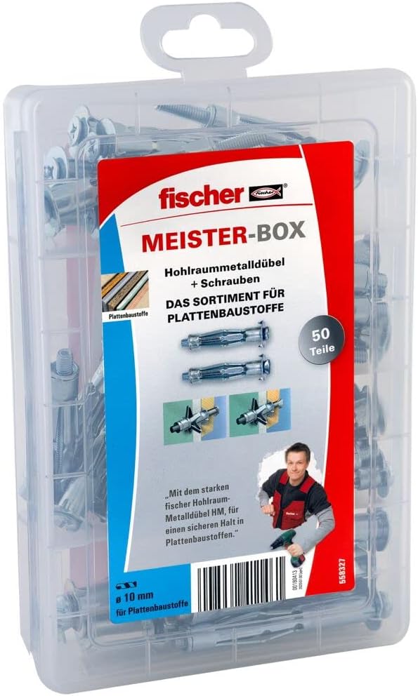 fischer MEISTER-BOX Hohlraumdübel, Sortimentsbox mit 50 Hohlraummetalldübeln und Schrauben, praktisc