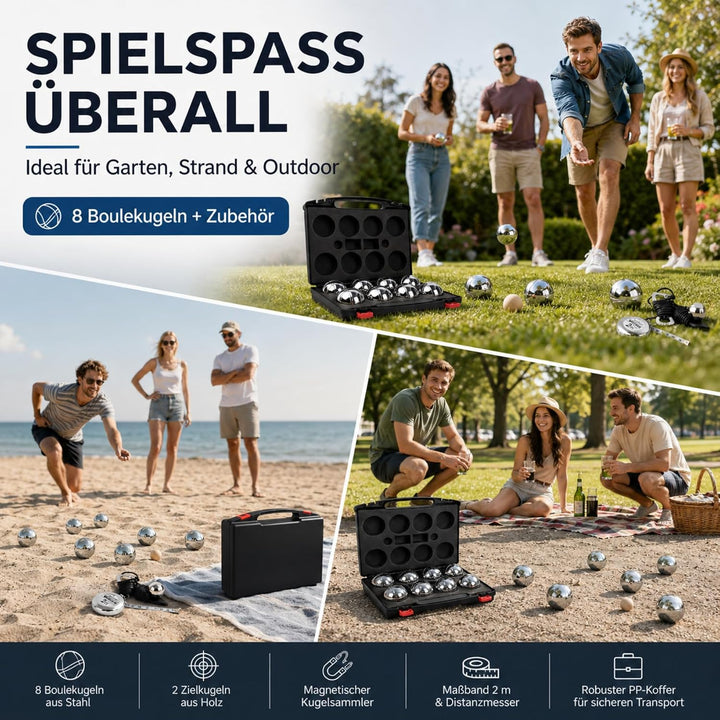 Boule Set, Boccia aus Metall mit Holzkugeln, Messseil, Rollbandmass, Magnet-Kugelsammler & Aufbewahr