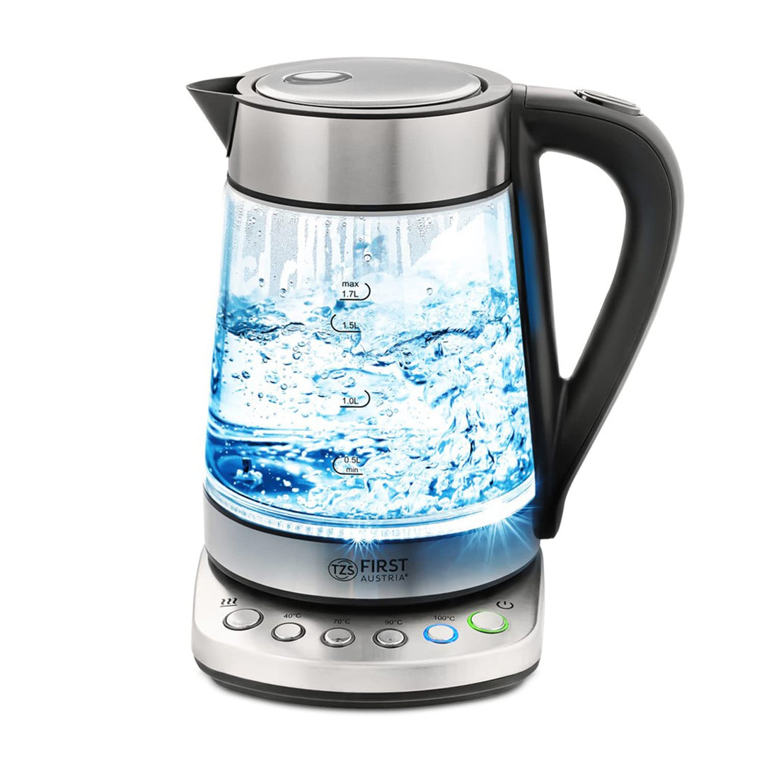 TZS First Austria Glaswasserkocher 1,7 L, mit Kalkfilter, 2200 Watt, Innenbeleuchtung, kabellos, Tro