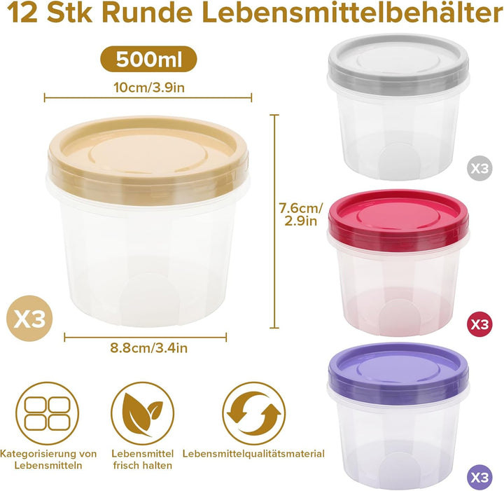 Mssushi 12 Stk 500ml Frischhaltedosen mit Deckel, Suppe Lebensmittelbehälter, Runde Wiederverwendbar