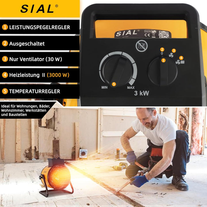 SIAL Industriell Heizlüfter 3000W - Elektrische Heizung - Heizstrahler Bauheizer - Heizgebläse Für G