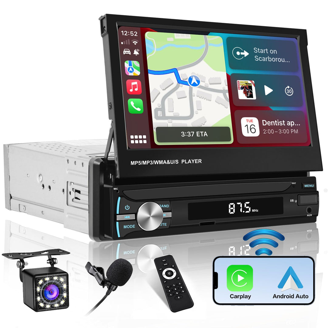 Hikity FM AM 1 Din Autoradio Wireless Carplay, Ausfahrbarem Bildschirm 7 Zoll Touchscreen mit Androi