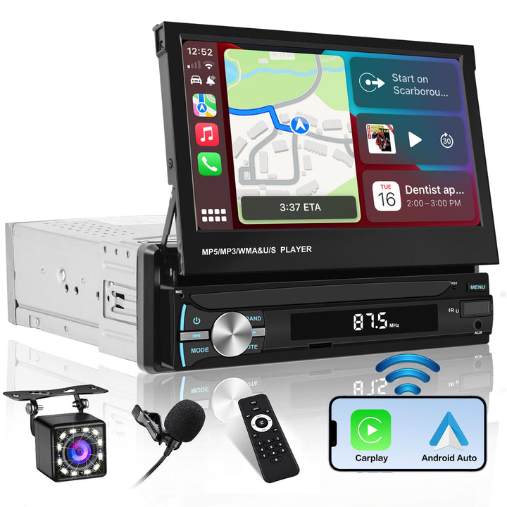 Hikity FM AM 1 Din Autoradio Wireless Carplay, Ausfahrbarem Bildschirm 7 Zoll Touchscreen mit Androi
