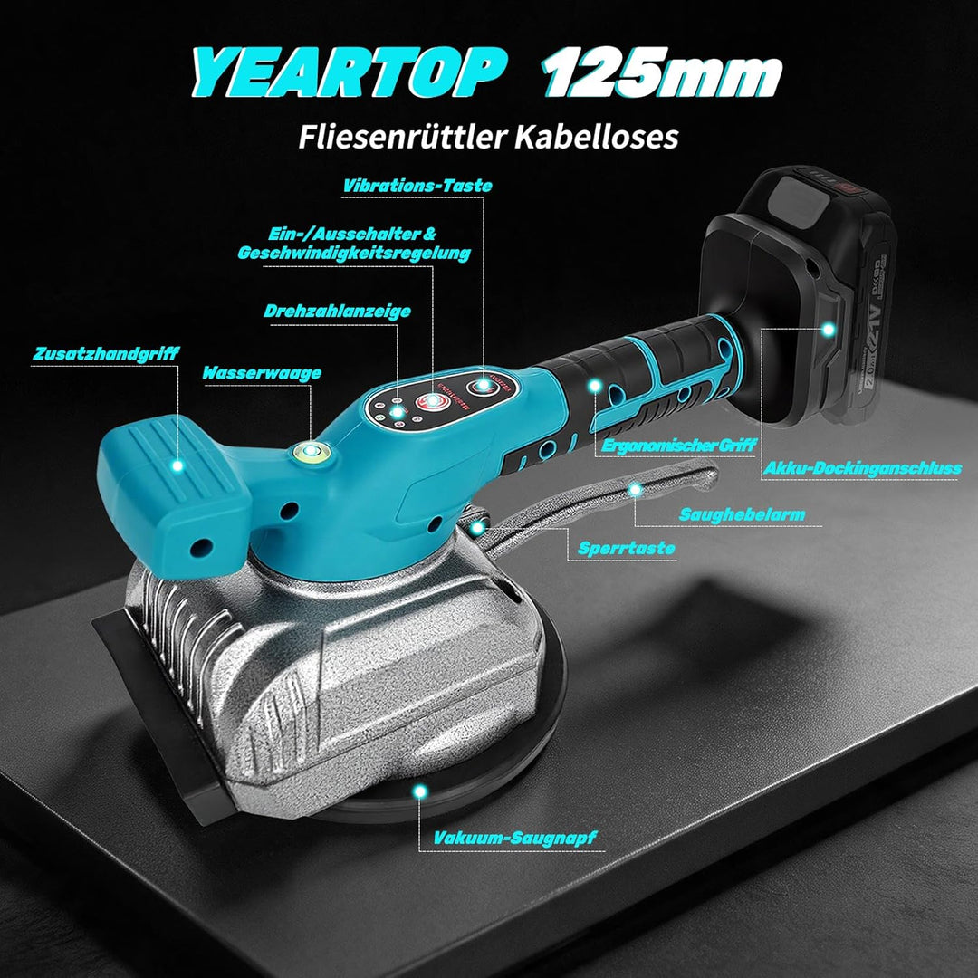 YEARTOP Akku-Fliesenrüttler für Makita 18V Akkus, Fliesenverlegemaschine mit 125mm Saugkopf &amp; 5 eins