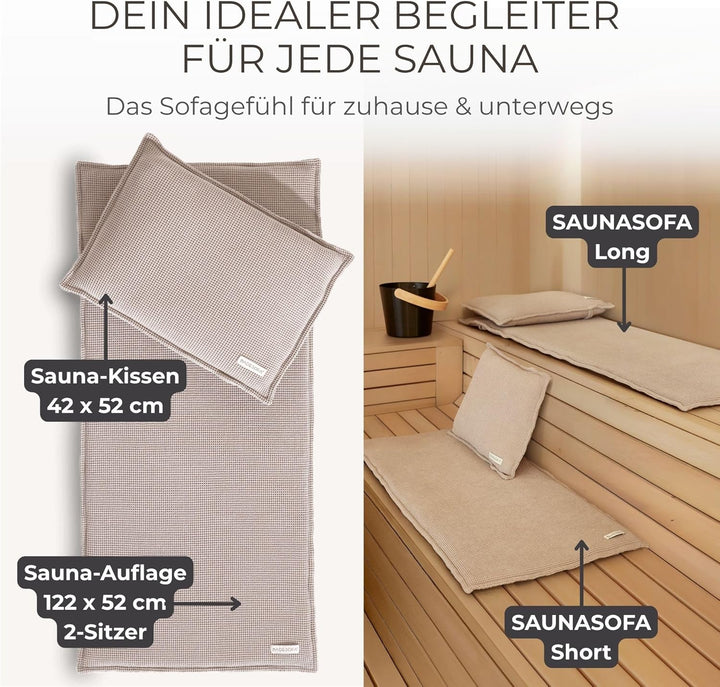 SAUNASOFA Set Short – 2-Sitzer Sauna-Auflage mit Kissen – Saunamatte für Infrarot-Kabine & klassisch