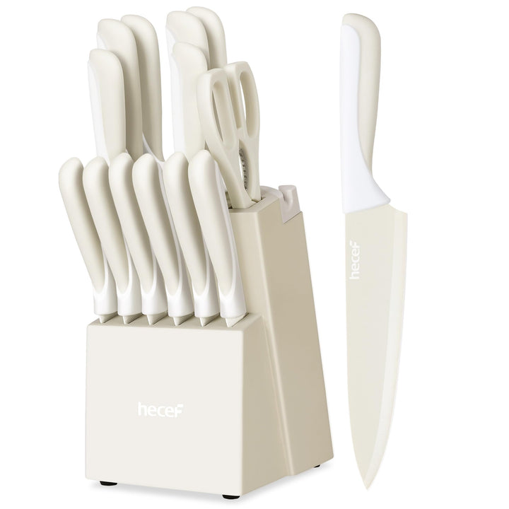 hecef 14-teilig Messerblock mit Messer, Creme, Antihaft-Beschichtung – Spülmaschinenfest, Messerbloc