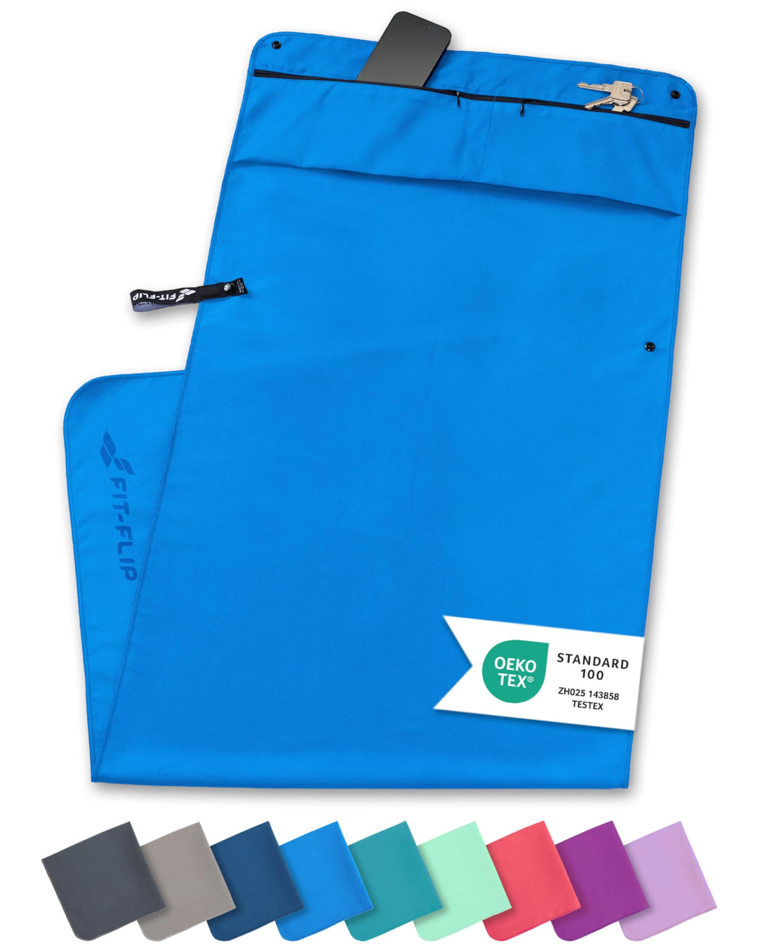 Fit-Flip Fitness Handtuch - mit Magnet und Reissverschluss Tasche - Gym Handtuch aus Mikrofaser für